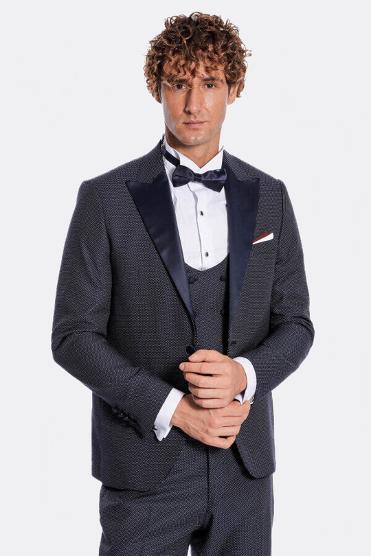 Men's Midnight Navy Jacquard Peak Lapel 3-Piece Slim Fit Tuxedo