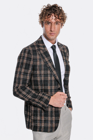 Men’s Midnight Black & Amber Plaid Slim Fit Notch Lapel Blazer