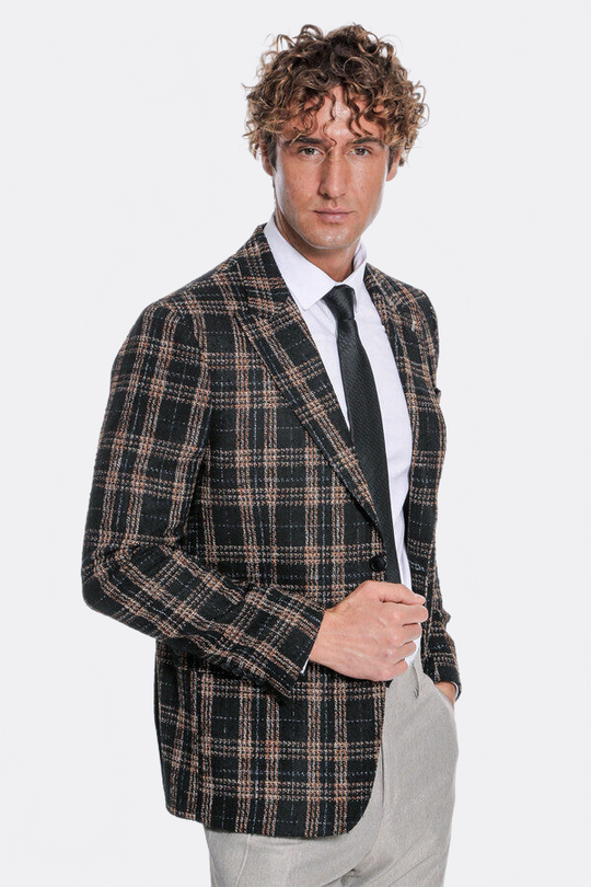 Men’s Midnight Black & Amber Plaid Slim Fit Notch Lapel Blazer