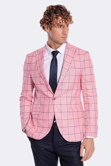 Men’s Pink & Navy Windowpane Check Slim Fit Notch Lapel Sport Blazer