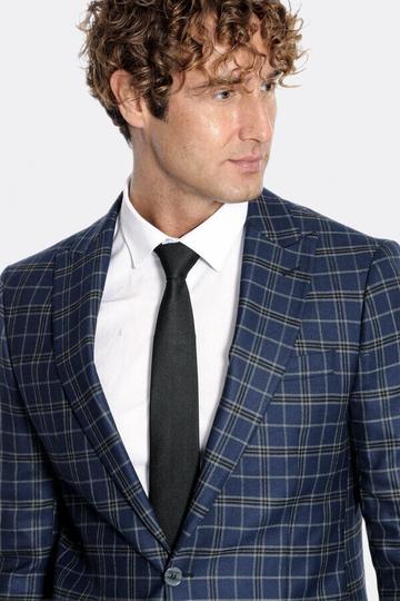 Men’s Midnight Navy Windowpane Check Slim Fit Notch Lapel Sport Blazer
