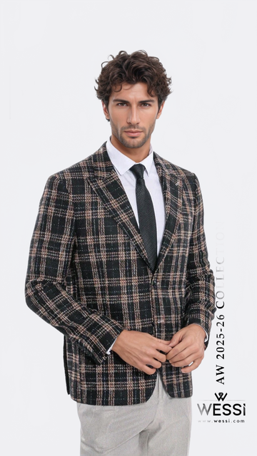 Men’s Midnight Black & Amber Plaid Slim Fit Notch Lapel Blazer
