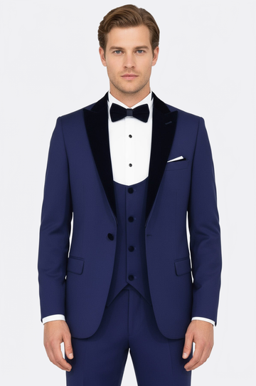 Men's Royal Blue 3-Piece Slim Fit Tuxedo with Velvet Shawl Lapel