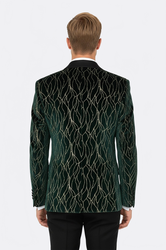 Men’s Emerald Green Velvet Gold-Vein Jacquard Slim Fit Peak Lapel Dinner Jacket