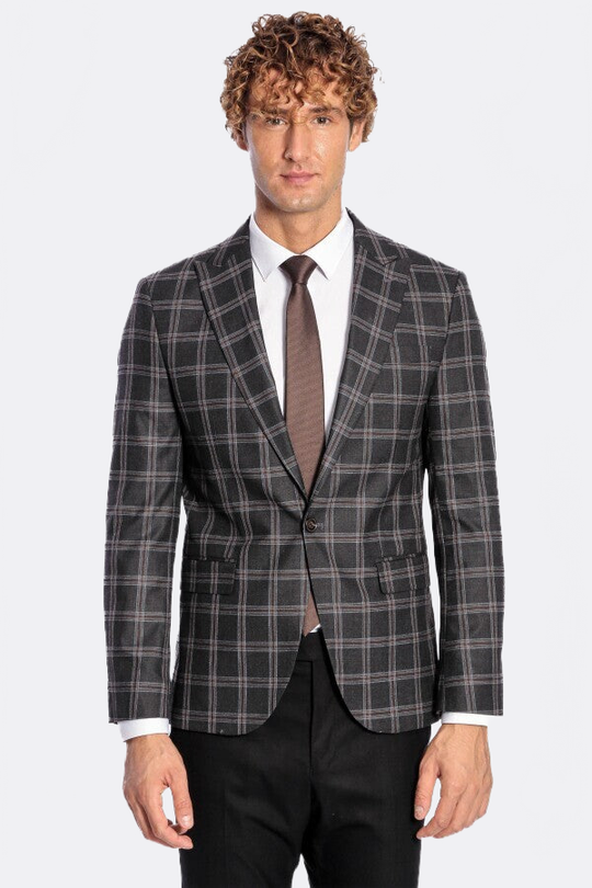 Men’s Charcoal Black Windowpane Check Slim Fit Peak Lapel Sport Blazer