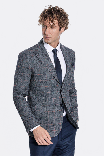 Men’s Midnight Navy Checked Slim Fit Single Breasted Smart-Casual Blazer