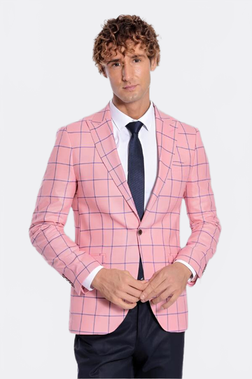 Men’s Pink & Navy Windowpane Check Slim Fit Notch Lapel Sport Blazer