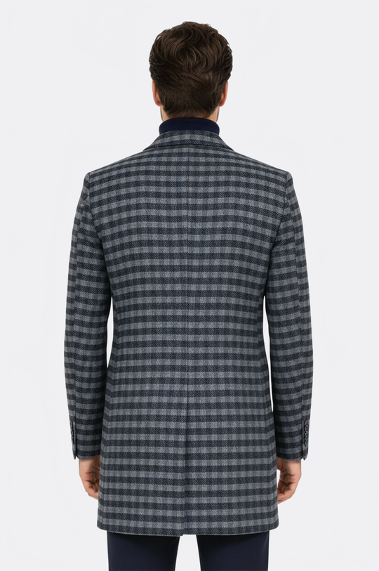 Navy Blue Plaid Slim Fit Peak Wide Lapel Wool Blend Overcoat – Wessi