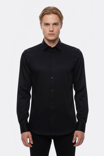 Plain Black Satin Cotton Slim Fit Shirt | Wessi