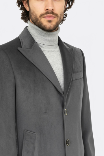 Grey Suede Slim Fit Peak Wide Lapel Long Coat – Wessi