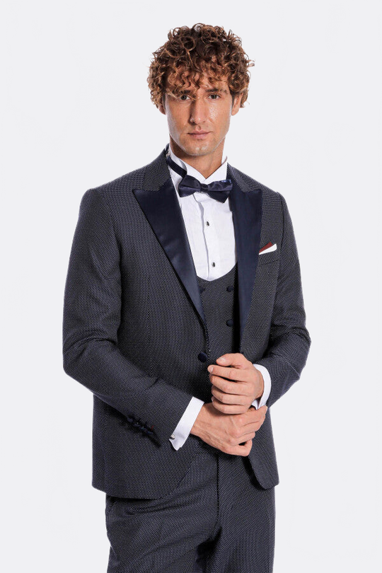 Men's Midnight Navy Jacquard Peak Lapel 3-Piece Slim Fit Tuxedo