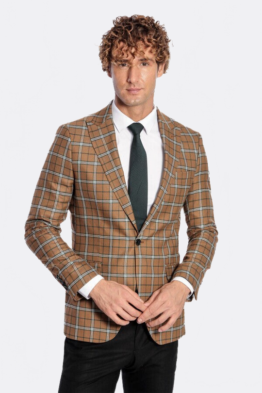 Man wearing a brown checkered blazer with a white shirt and black tie on a white background