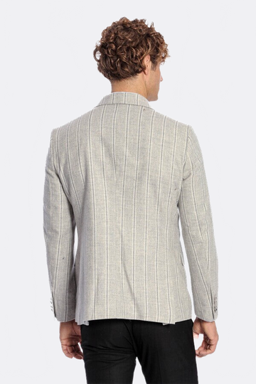 Men’s Dove Grey Striped Slim Fit Double Breasted Peak Lapel Blazer
