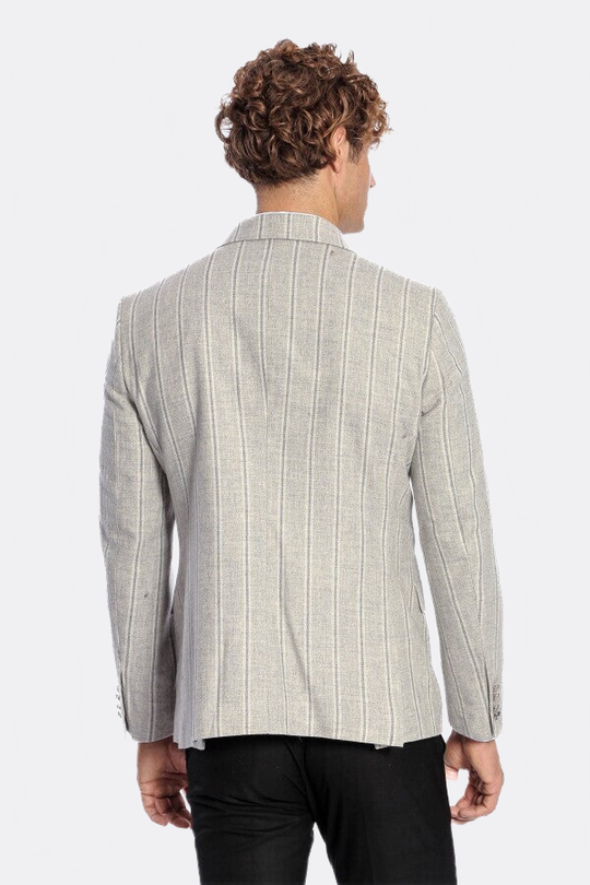 Men’s Dove Grey Striped Slim Fit Double Breasted Peak Lapel Blazer
