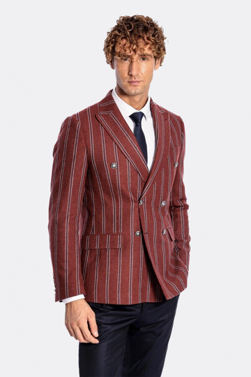 Men’s Deep Burgundy Striped Slim Fit Double Breasted Peak Lapel Blazer