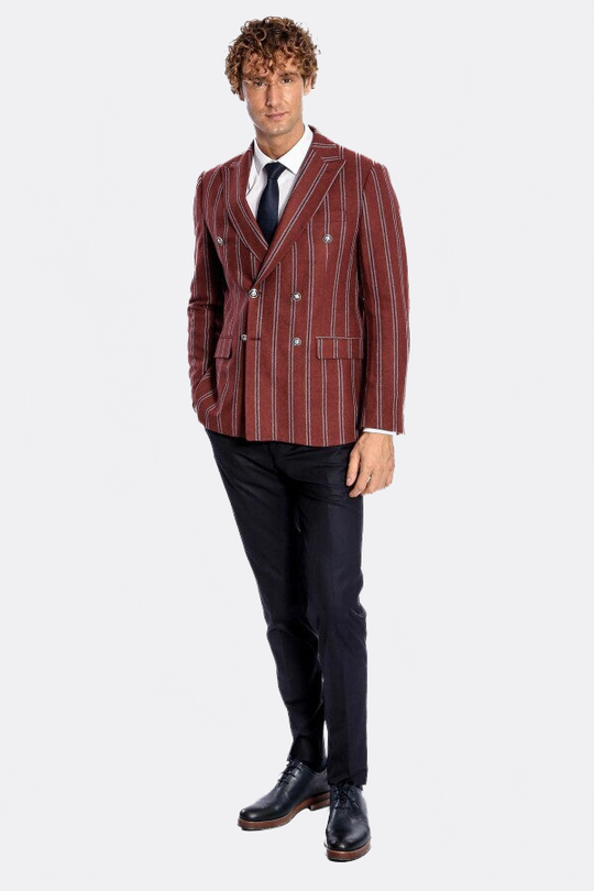 Men’s Deep Burgundy Striped Slim Fit Double Breasted Peak Lapel Blazer