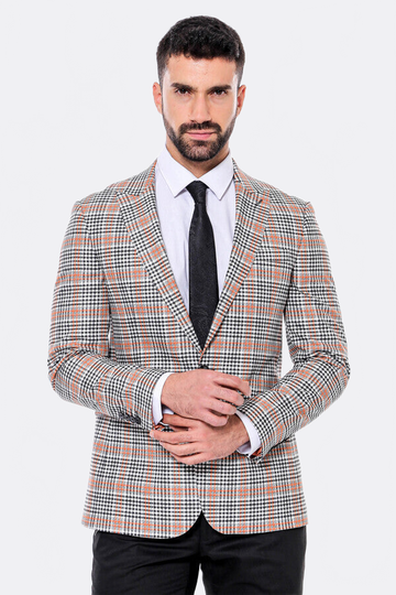 Men’s Orange & Black Glen Plaid Slim Fit Notch Lapel Sport Blazer