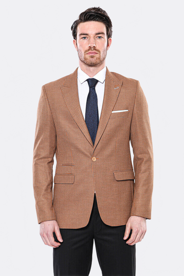 Men’s Orange Micro-Check Slim Fit Peak Lapel Sport Blazer