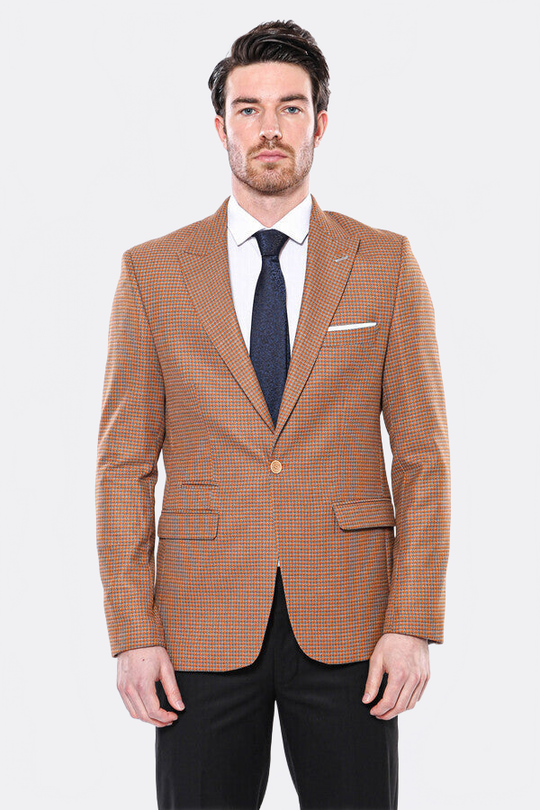 Men’s Orange Micro-Check Slim Fit Peak Lapel Sport Blazer