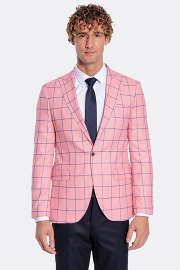 Men’s Pink & Navy Windowpane Check Slim Fit Notch Lapel Sport Blazer