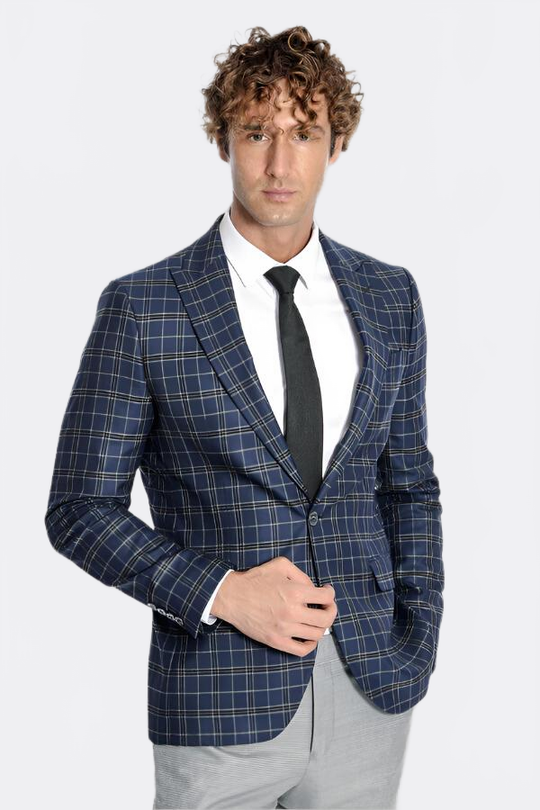 Men’s Midnight Navy Windowpane Check Slim Fit Notch Lapel Sport Blazer