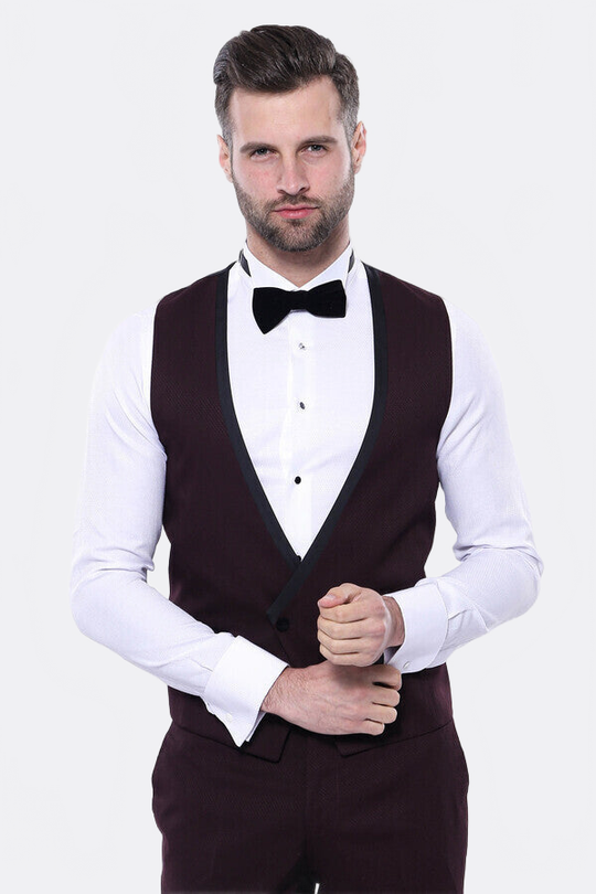 Men's Deep Burgundy 2-in-1 Tuxedo with Detachable Velvet Shawl Lapel - Slim Fit