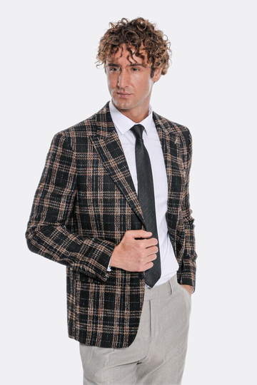 Men’s Midnight Black & Amber Plaid Slim Fit Notch Lapel Blazer