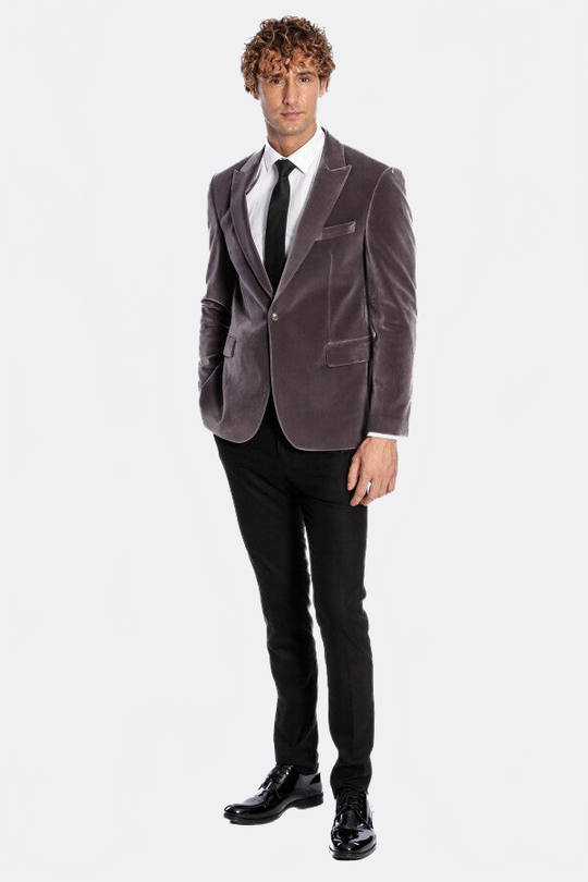 Men’s Grey Velvet Slim Fit Wide Peak Lapel Blazer