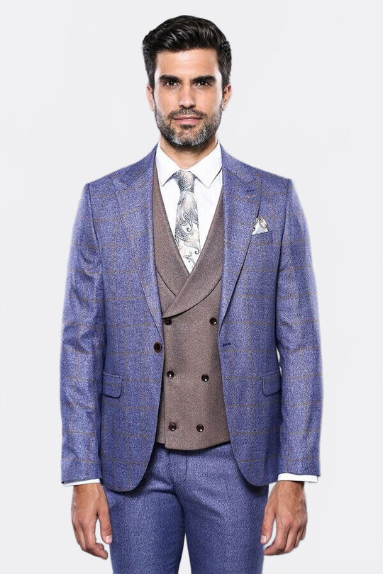 Men's Indigo Blue Windowpane Check 3-Piece Slim Fit Combination Suit