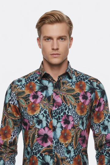 Men's White Slim Fit Floral & Leopard Print Multicolour Shirt | Wessi
