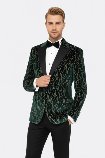 Men’s Emerald Green Velvet Gold-Vein Jacquard Slim Fit Peak Lapel Dinner Jacket