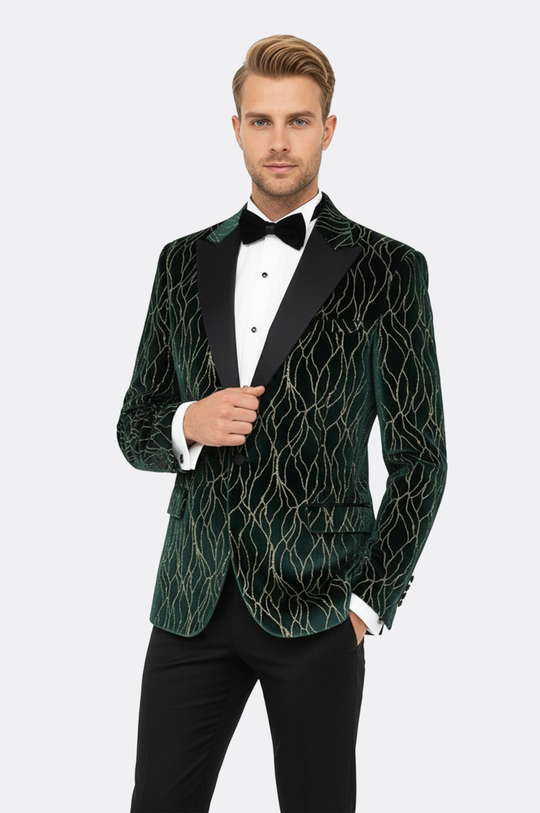 Men’s Emerald Green Velvet Gold-Vein Jacquard Slim Fit Peak Lapel Dinner Jacket