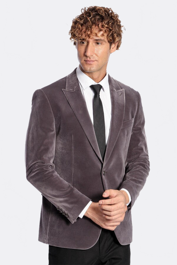 Men’s Grey Velvet Slim Fit Wide Peak Lapel Blazer