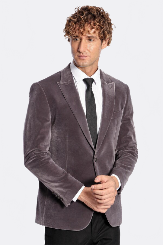 Men’s Grey Velvet Slim Fit Wide Peak Lapel Blazer