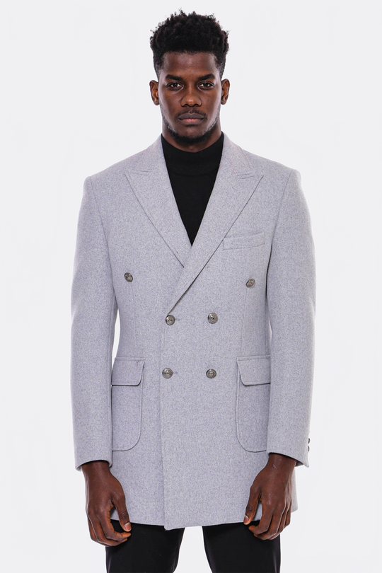 Grey Slim Fit Double Breasted Metal Button Wool-Rich Long Coat – Wessi