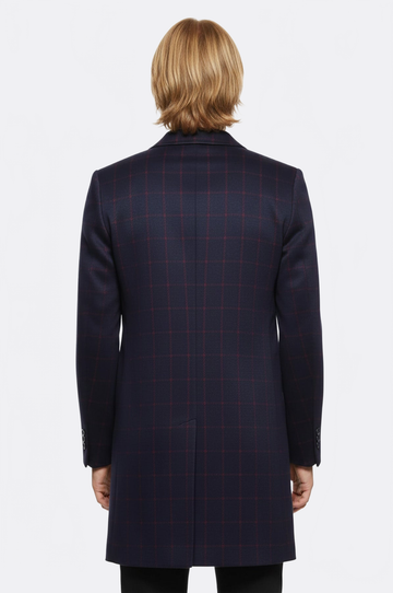 Navy Blue Red Plaid Slim Fit Peak Lapel Long Coat – Wessi