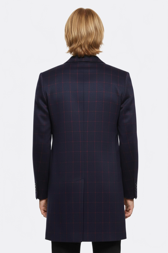 Navy Blue Red Plaid Slim Fit Peak Lapel Long Coat – Wessi