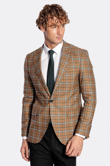 Men’s Toffee Brown & Blue Windowpane Check Slim Fit Notch Lapel Sport Blazer