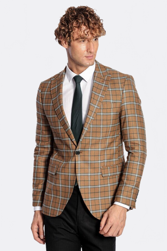 Men’s Toffee Brown & Blue Windowpane Check Slim Fit Notch Lapel Sport Blazer
