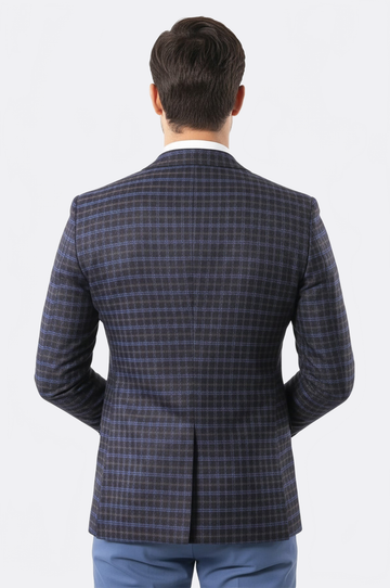 Men’s Chocolate Brown & Royal Blue Windowpane Slim Fit Notch Lapel Sport Blazer
