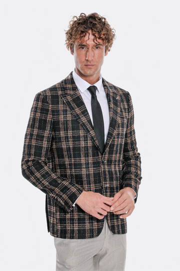 Men’s Midnight Black & Amber Plaid Slim Fit Notch Lapel Blazer