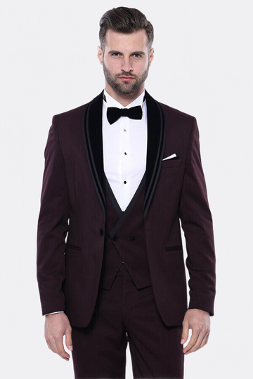 Men's Deep Burgundy 2-in-1 Tuxedo with Detachable Velvet Shawl Lapel - Slim Fit