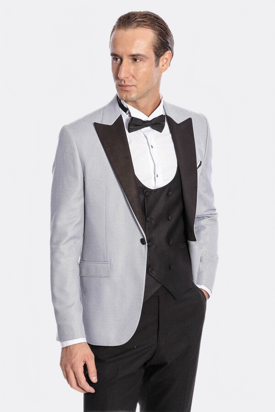 Men's Silver Grey Micro-Dot 3-Piece Slim Fit Combination Tuxedo