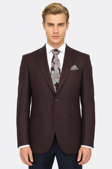 Men’s Deep Burgundy Wool Slim Fit  Single Breasted Wide Lapel Smart-Casual Sport Blazer