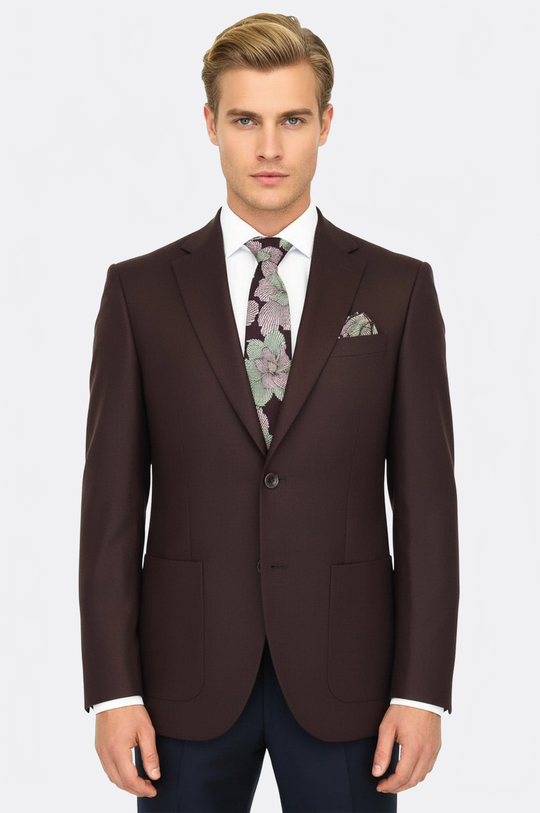 Men’s Deep Burgundy Wool Slim Fit  Single Breasted Wide Lapel Smart-Casual Sport Blazer