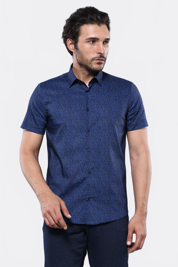 Men's Sky Blue Patterned Slim Fit Short Sleeve Shirt | Wessi