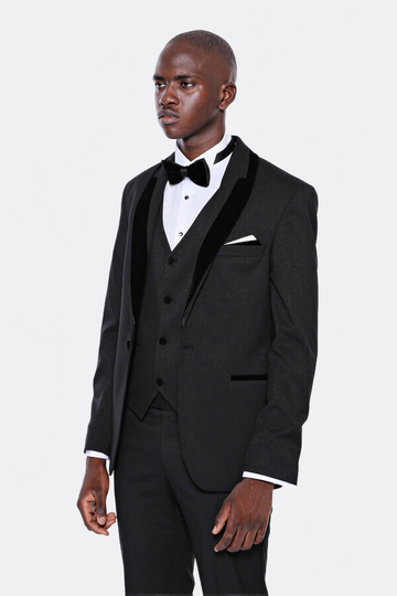 Men's Obsidian Black Micro-Patterned 3-Piece Slim Fit Tuxedo with Velvet Lapel
