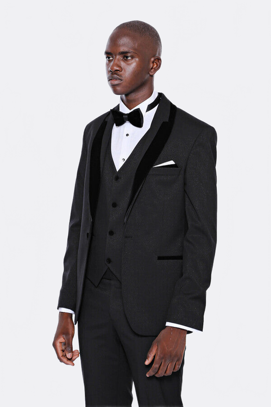 Men's Obsidian Black Micro-Patterned 3-Piece Slim Fit Tuxedo with Velvet Lapel