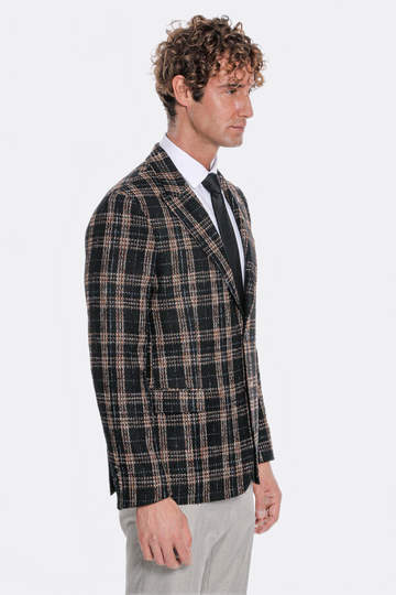 Men’s Midnight Black & Amber Plaid Slim Fit Notch Lapel Blazer