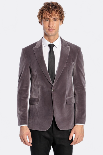 Men’s Grey Velvet Slim Fit Wide Peak Lapel Blazer